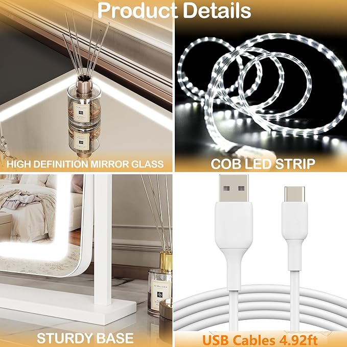 Vanity Mirror with Lights, 17.3’’ LED Makeup Mirror Detachable 10X Magnification, Smart Touch Control, 3 Color Lighting Modes,360°Rotation Tabletop Make Up Mirror for Bedroom Bathroom