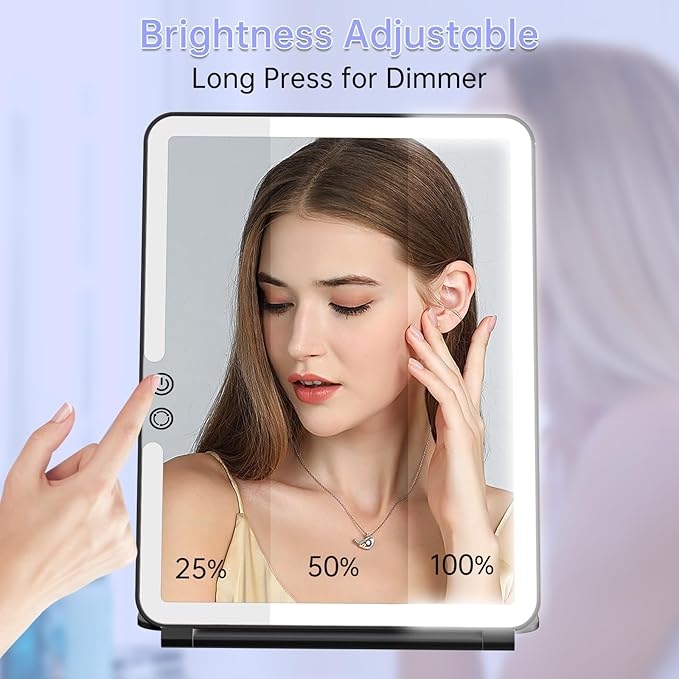 FUNTOUCH 10x7.5 Portable Large Travel Makeup Mirror with Light, 1800mAh Rechargeable Lighted Travel Makeup Mirrors with 3 Color Lights, Dimmable Folding Light Up Make up Mirror with Small 10x Mirror