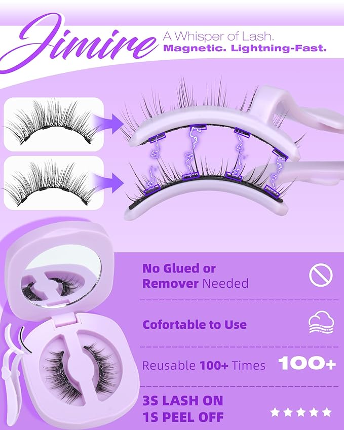 JIMIRE Magnetic Eyelashes Natural Look Wispy Magentic Lashes Reusable Magnetic Eyelashes with Applicator No Glue Needed Press on Magnetic Lashes Quick to Wear