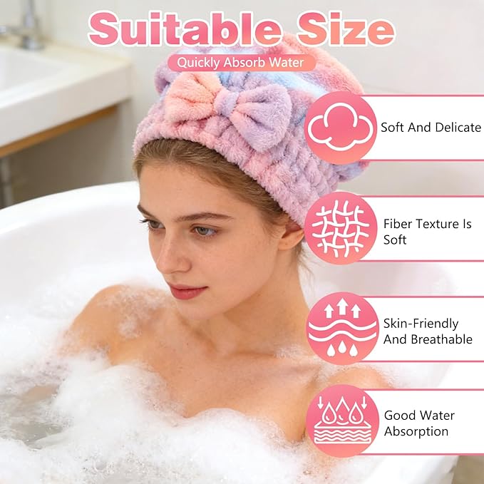 2PCS Super Absorbent Hair Towel Wrap for Wet Hair,Microfiber Hair Drying with Caps Bow Design,2026 New Fast Drying Hair Turban Wrap Towels Shower Cap for Girls and Women(Gradient Pink)
