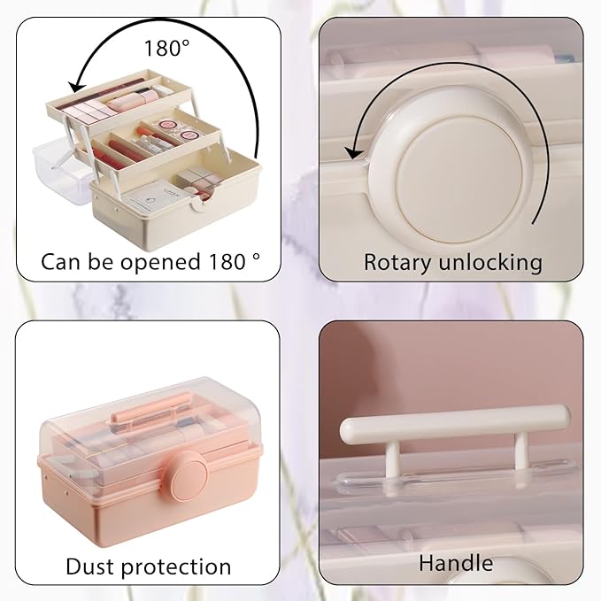 RAMFIYN Makeup Storage, Pink Tackle box for Women with Handle. Cosmetic Storage Box Organizer, Portable 3 Layers Makeup Case for Home