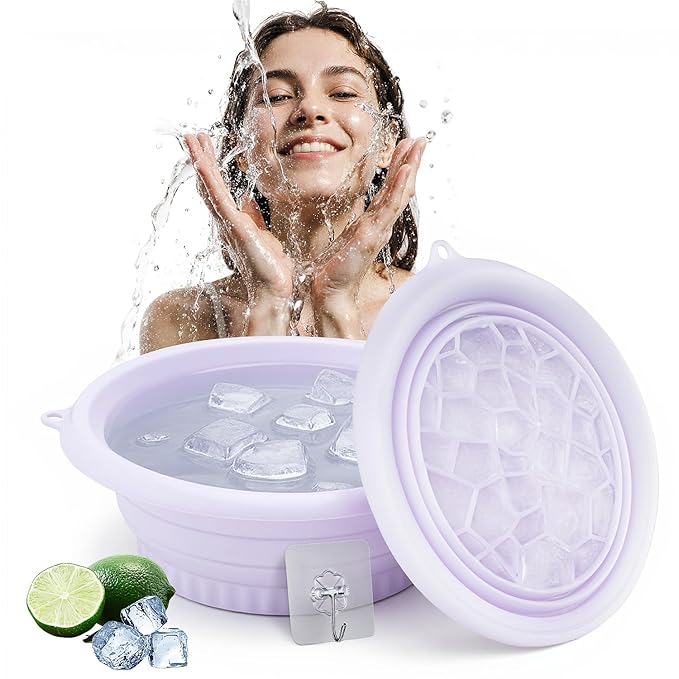 Foldable Face Bowl for Ice with Built-in Ice Tray & Hanging Hook - Collapsible Silicone Facial Bath Bowl for Cold Plunge Therapy, Skin Tightening, Acne Relief - Portable for Home, Travel, Gym(Purple)