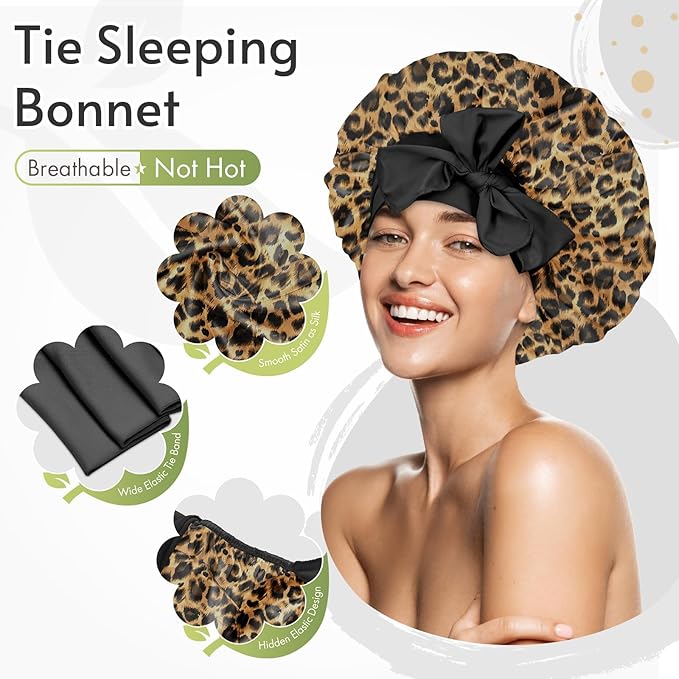 BONNET QUEEN Silk Bonnet for Sleeping Women Satin Bonnet Night Sleep Cap Hair Wrap for All Hair with Adjustable Tie Band,Leopard