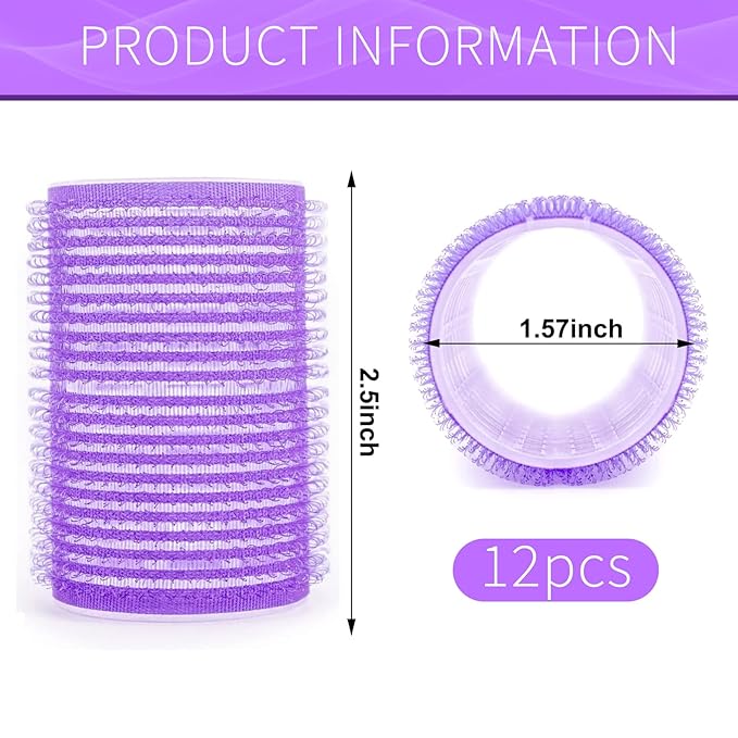 Hair Rollers, 12 Pack Self Grip Salon Hairdressing Curlers, DIY Curly Hairstyle, Large Rollers1.57In Purple