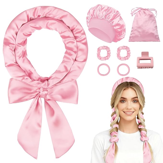 70" Heatless Curls Overnight Hair Curlers to Sleep In for Long Hair, Overnight Curls Heatless Hair Curler No Heat Curlers, Soft Satin Heatless Curling Set with Bonnet for Women - 8 PCS, Pink
