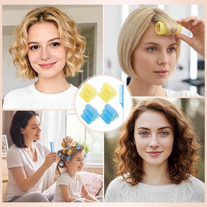 24 Pcs Self-Grip Small Hair Rollers Set, Curlers for Women Short Hair and Bangs, No Heat Hair Curlers to sleep in (25 mm, Blue and Yellow)