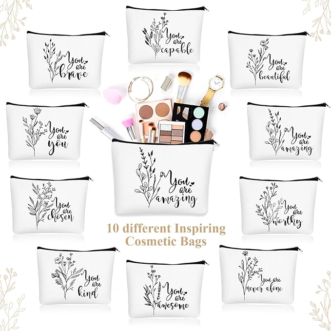 Coume 10 Pcs Valentines Canvas Makeup Bags Bulk, Inspirational Quotes Cosmetic Zipper Encouragement Travel Pouch Toiletry Bag Women Teacher Friend Birthday Gift(White,Aesthetic)