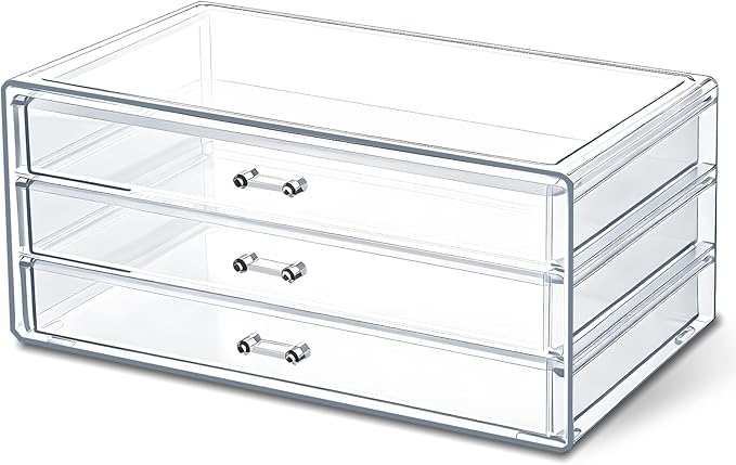 Acrylic Drawers Stackable Clear, 9.3 X 5.3 X 4 Inch Stackable Makeup Organizer Acrylic 3 Drawer Storage Organizers Clear Stationery Organizer for Dresser, Bathroom, Vanity, Countertop