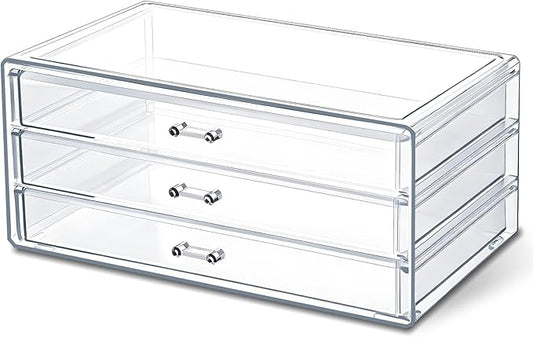 Acrylic Drawers Stackable Clear, 9.3 X 5.3 X 4 Inch Stackable Makeup Organizer Acrylic 3 Drawer Storage Organizers Clear Stationery Organizer for Dresser, Bathroom, Vanity, Countertop