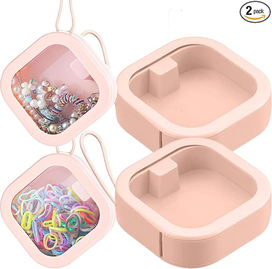 2pcs Hair Tie Organizer,Portable Travel Qtip Holder,Bathroom Storage Organizer Qtip Dispenser Cotton Swabs Dispenser Kids Hair Accessory Box with Lid for Bathroom,Desktop Organizer(2 Pcs Pink)
