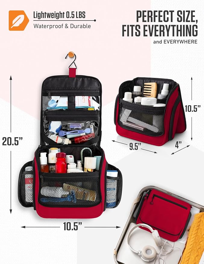 VENTURE 4TH Hanging Travel Toiletry Bag for Women & Men – Large Toiletry Organizer with 18 Compartments, Removable TSA Pouch, Travel Wash Bag for Toiletries, Makeup & Shaving Kit (Red)