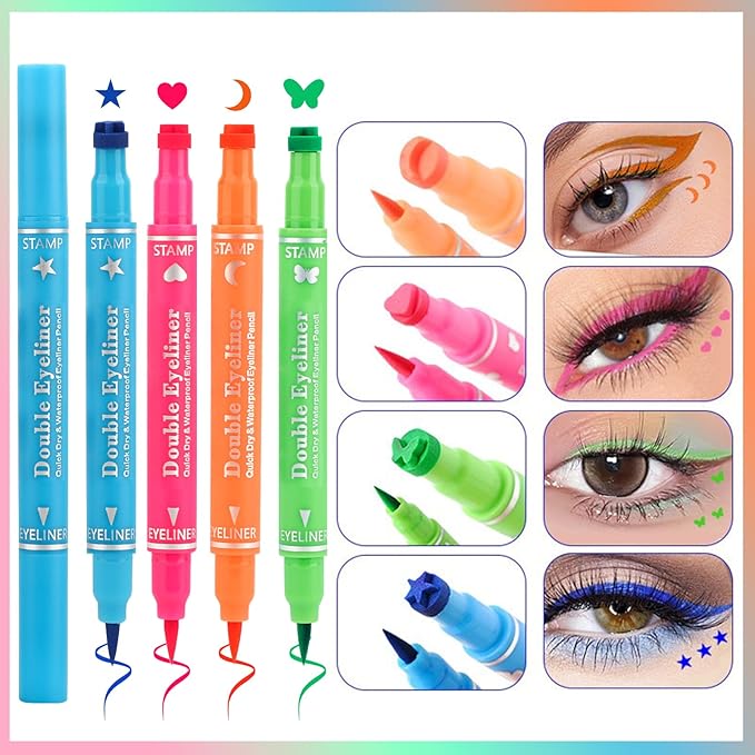 Erinde 4PCS Liquid Eyeliner Stamp Set, Double-Ended Colored Winged Eyeliner Pens with Face Stamps, Blue Star, Pink Heart, Orange Moon, Green Butterfly Waterproof Winged Eye Liner, Cosplay Eye Makeup