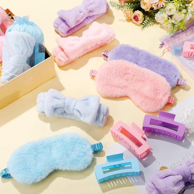 Hoteam 24 Pcs Galentine Spa Party Favors Supplies 6 Spa Headband 6 Plush Sleep Eye Mask 6 Hair Claw Clips 6 Clear Cosmetic Bags for Adult Sleepover Slumber Party Valentine Gift(Pink,Blue,Purple)
