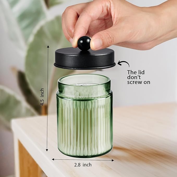 Amolliar Sage Green Apothecary Glass Jar With Metal Lid & Stickers, Bathroom Qtip Dispenser Storage Canister, Perfect for Cotton Balls, Cotton Swabs, Round Pads, Bath Salt, Floss, Black 1 Pack