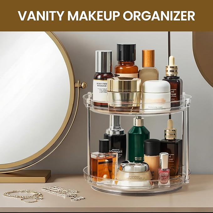 2 Tier Non-Skid Acrylic Lazy Susan Turntable Organizer - Rotating Spice Rack - Spinning Organization Tray for Kitchen, Pantry, Countertop, Closet, Bathroom, Vanity, Medicine Cabinet Organizing, 9.25''