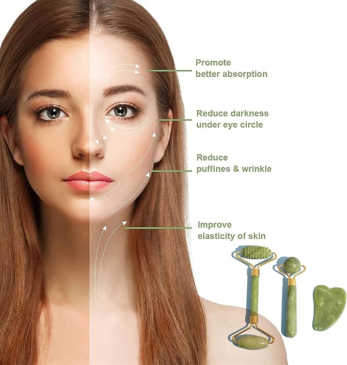 3 in 1 Jade Roller & Gua Sha Set - Natural Jade Facial Massager with Textured Roller, Anti Aging Skincare Tools for Face, Eye, Neck Massage, Promote Serum Absorption, Bester Gift for Women & Men