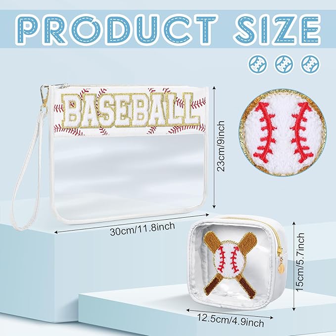 Hillban 2 Pcs Baseball Gifts Snack Bags Makeup Cosmetic Bag Clear Chenille Letter Zipper Pouch Toiletry Purse Baseball Accessories Stuff Sport Portable Travel Cases for Mom Women Girl Team