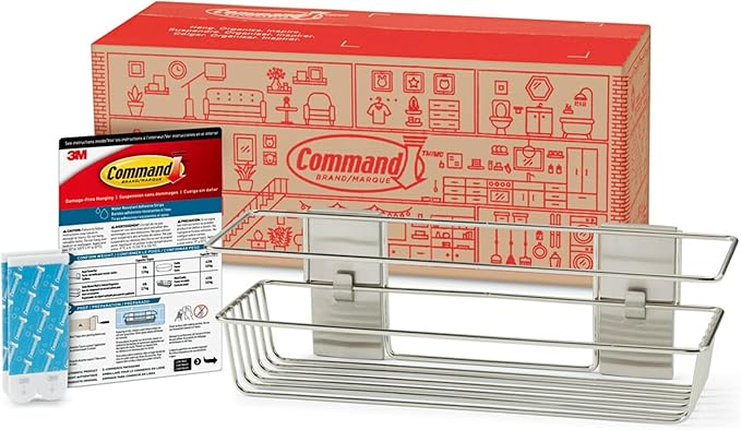 Command Shower Caddy Satin Nickel with Water Resistant Command Strips, Bathroom Organizer, Holds up to 6.5 lbs