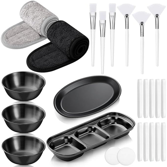LemonRoad 25 Pcs Esthetician Facial Supplies Set, 3 Stainless Steel Mixing Bowls, 2 Serving Trays, 6 Brushes, 2 Hairbands, 12 Compressed Sponges for Women Facial Mask Spa Home Use(Black)