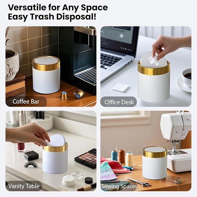 Mini Trash Can with Lid, 1.5 Liter / 0.4 Gallon Small Metal Desk Garbage Bin for Countertop, Coffee Bar, Vanity – White