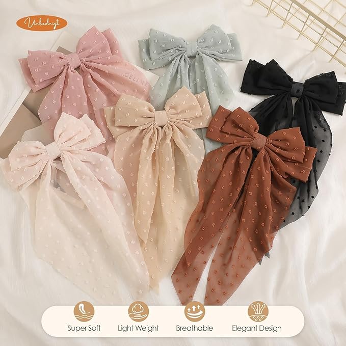 6 PCS Hair Bows for Women, Big Bow Hair Clips for Girls Thick Thin Hair, Silky Satin Hair Bow Clips Oversized, Large Cute Aesthetic Hair Accessories Holiday Gifts