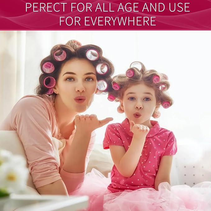 Hair Rollers, 12 Pack Self Grip Salon Hairdressing Curlers, DIY Curly Hairstyle, Large Rollers 1.57In Rose Red
