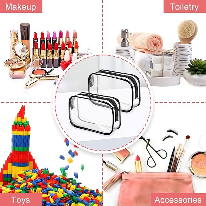 12 PCS Clear Makeup Bags, Clear Toiletry Bags with Zipper, Portable Transparent Toiletry Bags for Travel (Black, Medium)