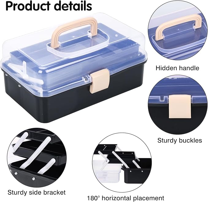 OUTUXED 12.5inch 3-Layer Multipurpose Craft Organizers, Portable Folding Toolbox, Plastic Tool Box with Handle for Sewing Supplies, Medicine, Art Supplies, Nails and Hair Accessories(Black)