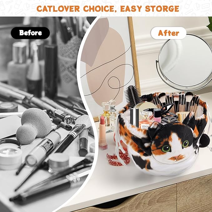 Openhaha Drawstring Travel Organizer, Cosmetic Pouch - Cat Gift, Lay Flat Makeup Bag Gifts for Cat Lovers