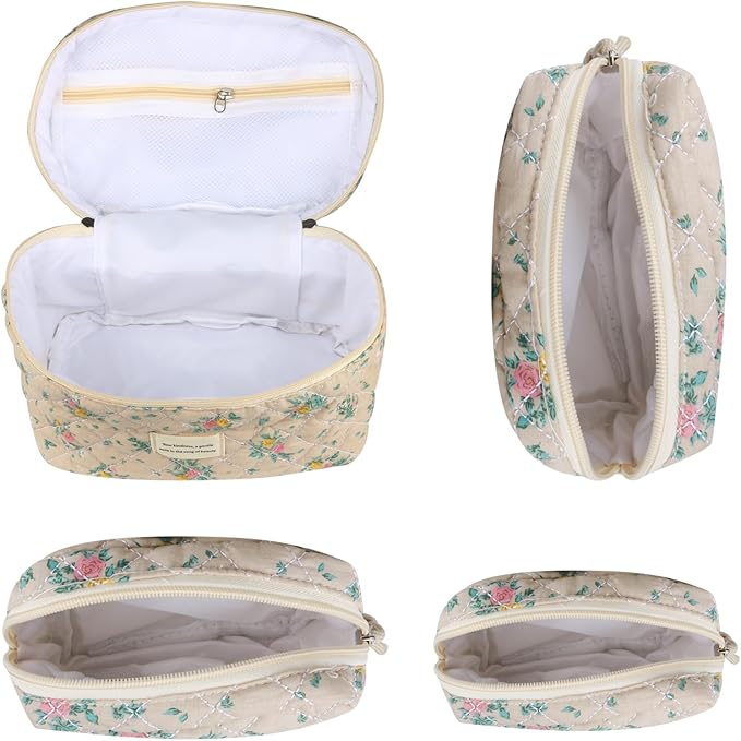 VIWIME Makeup Cosmetic Bag, Large Cotton Quilted Travel Coquette Aesthetic Cute Floral Make up Bag for Women Toiletry Bag Organizer (205- Yellow Red Rose / 4Pcs)