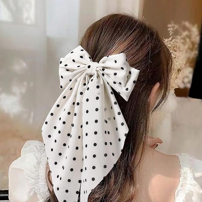 3 PCS Hair Bows for Women, Big Bow Hair Clips for Girls, Silky Satin Hair Bows Clips Oversized Long Tail, Large Hair Barrettes Cute Aesthetic Hair Accessories, Metal Bow Hair Clips Polka Dot