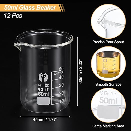 PATIKIL 50ml Low Form Glass Beaker, 12 Pack 3.3 Borosilicate Glass Graduated Printed Scale Measuring Cups with Spout for Kitchen Lab Liquids