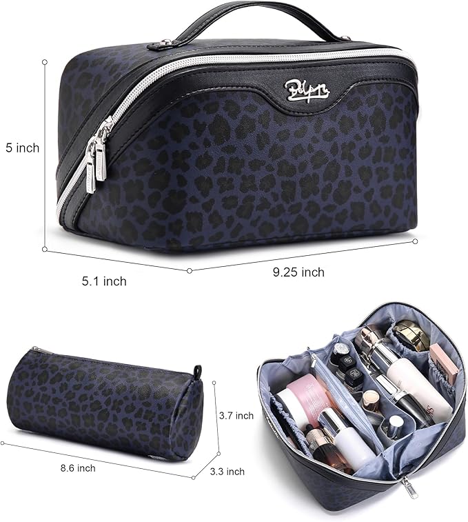 BOYATU Travel Makeup Bag for Women: 3 Pcs Set Portable Make up Bags with Handle - Leopard Print Cosmetic Bags with Comparments - Waterproof Vegan Leather Toiletry Bag (11-Blue)