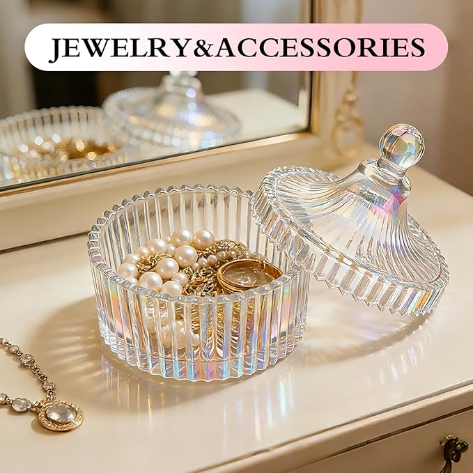 2 Piece Dusting Powder Container with Puff - Large Body Powder Puff and Container, Crystal Glass Powder Container with Puff Soft Velour Washable Reusable Face & Body Use (Dazzling)