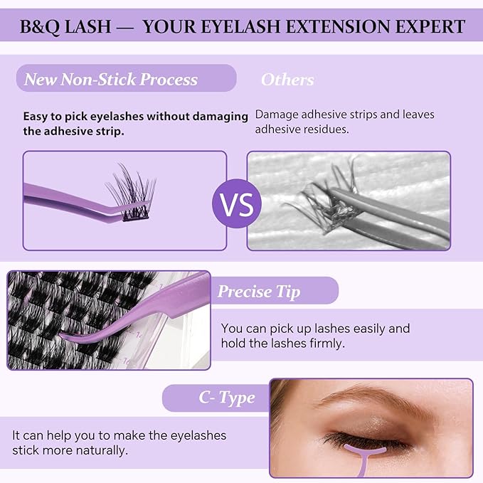 B&Q Eyelash Applicator Tool 3 PCS Lash Applicator Tool Kit Lash Tweezers for Eyelash Extensions Application Tool and Removal （Purple,3 PCS）