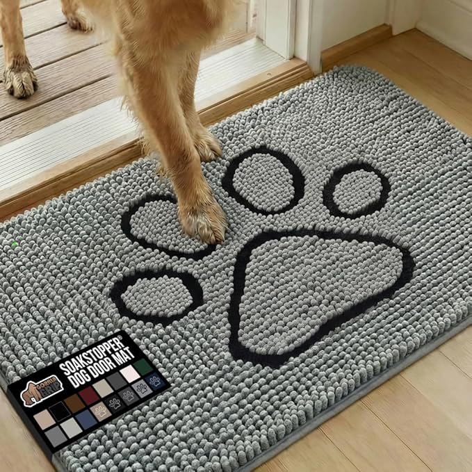 GORILLA GRIP SoakSTOPPER Dog Door Mat, 36x24 Machine Washable Rug Absorbent Doormat Captures Moisture Mud Dirt, Quick Dry Soft Chenille Entryway Rugs Indoor Entrance Mats for Dog Paws, Paw Grey