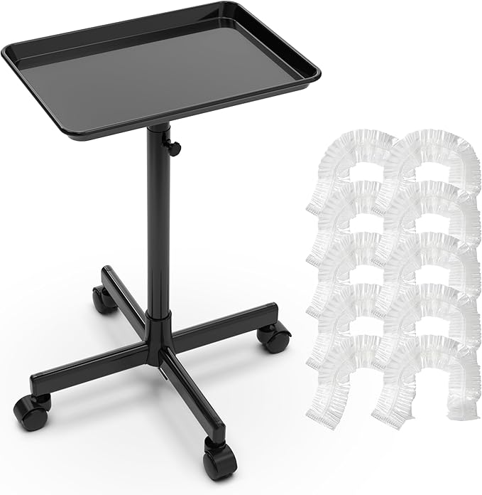 TASALON Rolling Salon Cart, Mobile Styling Station with Wheels Aluminum Rolling Tray Trolley for Salon Essentials, Adjustable Height or Hairstylist Tray with 10 PCS Disposable Salon Tray Cover