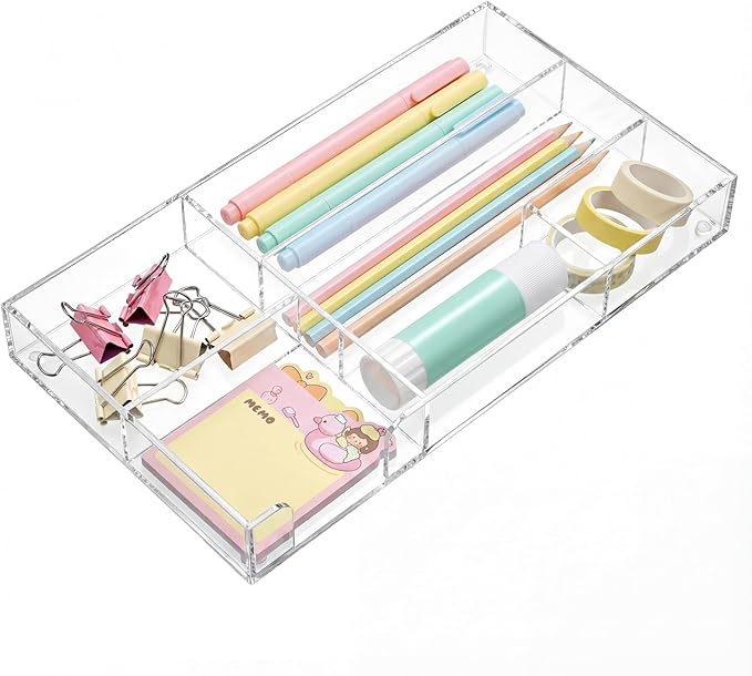 Clear Acrylic Desk Drawer Organizer 11 x 6.1 x 1.38 Inch Storage Tray Organizer for Pens, Stationery, Desktop, Office, Bathroom, Kitchen, Makeup Supplies (6 Compartments)