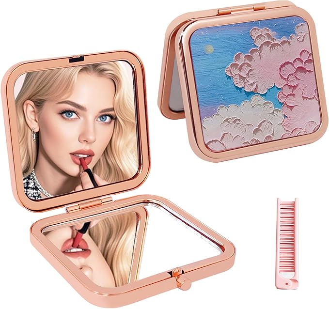 Mini Compact Mirror for Purse, Double Sided 1X/2X Magnifying Portable Folding Travel Makeup Mirror, Pocket Mirror for Purse, Gift for Women, Stocking Stuffers 2.8x2.8in
