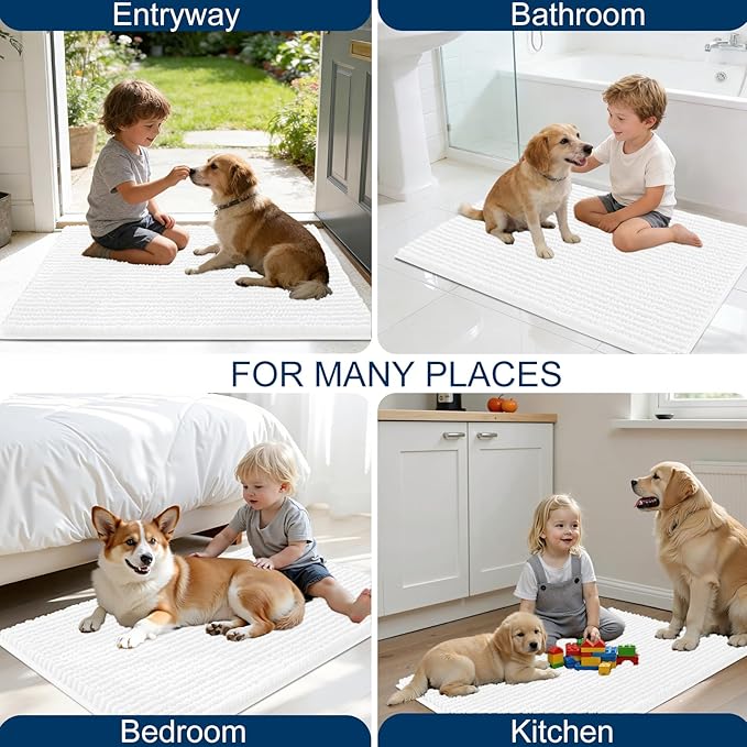 OLANLY Dog Door Mat for Muddy Paws 47x17, Ultra Absorbent Chenille Mud Doormat, Non-Slip Washable and Dirt Trapping Doormat for Indoor Entryway, Quick-Dry Indoor Pet Bed Mats for Dogs, White