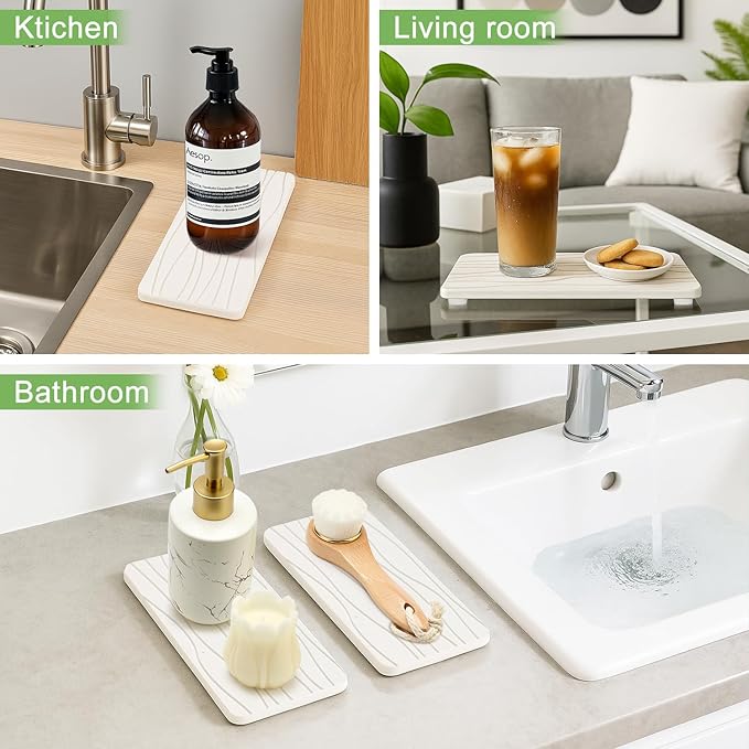 Water Absorbing Stone Tray for Bathroom Sink Stone Drying Mat for Kitchen Counter Diatomite Sink Soap Dispenser Trays Quick Dry Mat Kitchen Decor Diatomaceous Earth Vanity Tray Bathroom Accessories