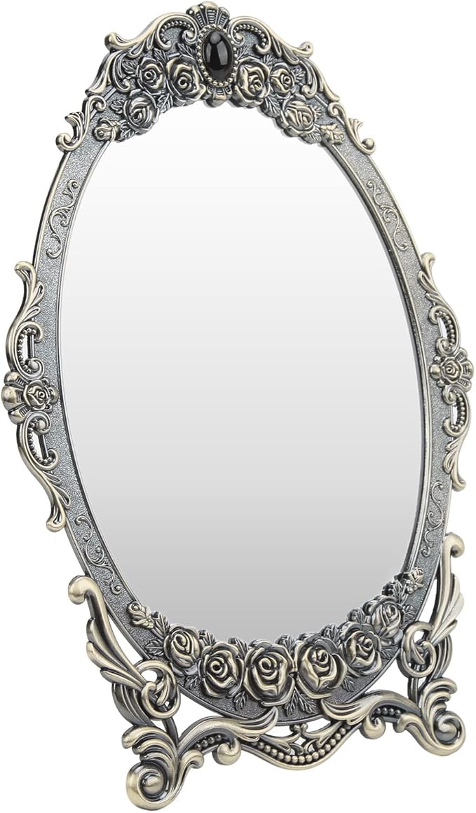 Cyrank Vintage Makeup Mirror, Oval Floral Mirror Decorative Tabletop Makeup Metal Vintage Cosmetic for Home Decorative(Bronze)