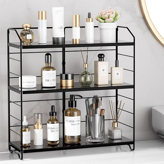 Bathroom Counter Organizer, Makeup Organizer Countertop, Countertop Storage Shelf for Bathroom Storage, Vanity, Large Skincare, Perfume, Black 3 Tier