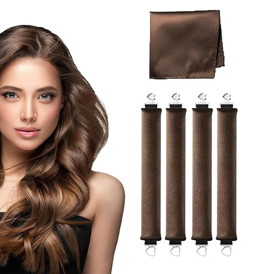 4pc Heatless Curls Overnight Hair Curlers - 4 Pcs No-Heat Curling Rod to Sleep In and Shower Cap,Velvet Hair Rollers with Satin Wrap
