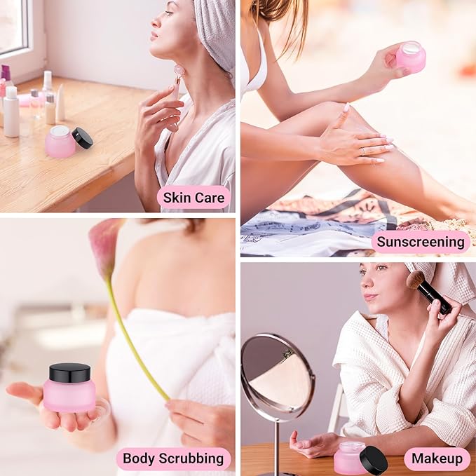Segbeauty 1.7oz Small Frosted Glass Containers with Lids, Small Refillable Glass Jar for Lotion Cream Jars with Lids, Pink Travel Size Containers 4pcs 50ml, Empty Travel Size Bottles Jar with Spatulas