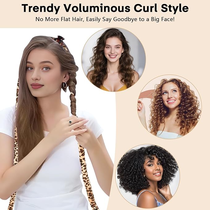 Velvet Heatless Curls Overnight Hair Curlers to Sleep In, Overnight Curls Thin Heatless Hair Curler - No Heat Curlers for Long Hair Volume, Heatless Curling Set with Bonnet - Leopard Print