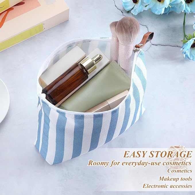 Hillban 12 Pcs Blue Striped Makeup Bags Bulk Canvas Cosmetic Bag Beach Themed Gifts Travel Toiletry Organizer Zipper Pouch Bags for Women Bridemaids Party Favors