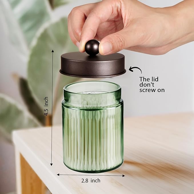 Amolliar Sage Green Apothecary Glass Jar With Metal Lid & Stickers, Bathroom Qtip Holder Storage Canister, Farmhouse Decor for Cotton Balls, Cotton Swabs, Makeup Pads, Bath Salt, Floss, Bronze 1 Pack