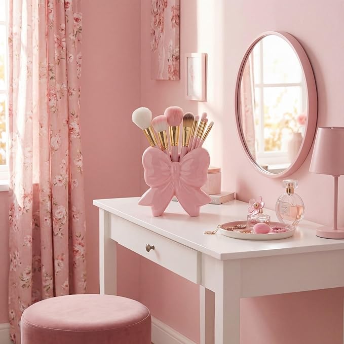 Bow Vase Coquette Ceramic Vase Pen Holder Makeup Brush Holder Contemporary Design Decorative Women Gift for Christmas Home Office Shelf Table Room(Pink,Small,Classic)
