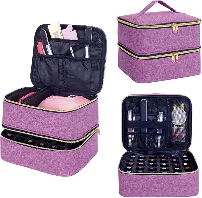 UOZL Nail Polish Organizer, Handheld Double Layer Organizer Holds 30 Bottles (15 ml/0.5 floz) with Adjustable Dividers for Nail Polish Small Manicure Lamp Manicure Tools Essential and Travel,Purple